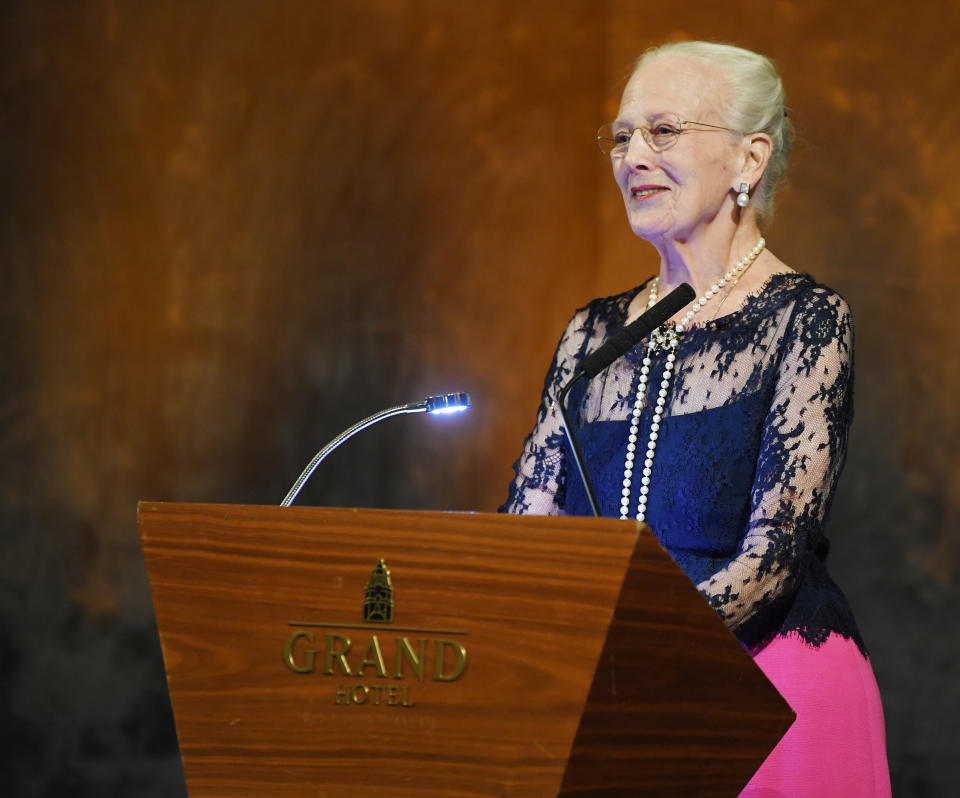 OSLO, NORWAY- SEPTEMBER 26: Queen Margrethe of Denmark speaks as the recipient of this year's Nordic Association's Language Award on September 26, 2022 in Oslo, Norway. (Photo by Rune Hellestad/Getty Images)