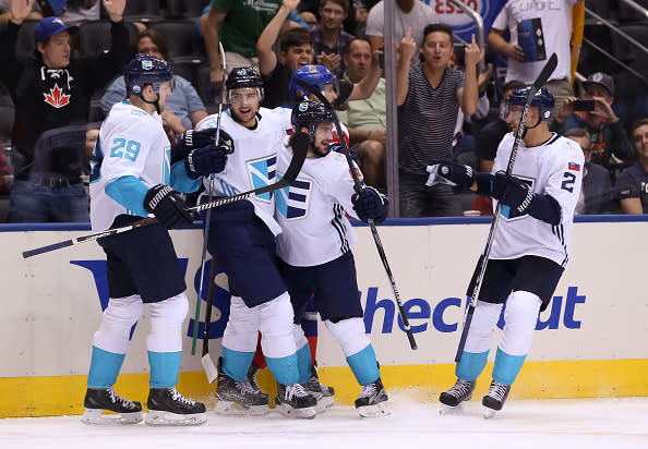 TORONTO, ON - SEPTEMBER 19: Mats Zuccarello #63 celebrates with Leon Draisaitl #29, Nino Niederreiter #22 and Andrej Sekera #2 of Team Europe after scoring a third period goal on Team Czech Republic during the World Cup of Hockey 2016 at Air Canada Centre on September 19, 2016 in Toronto, Ontario, Canada. (Photo by Andre Ringuette/World Cup of Hockey via Getty Images)