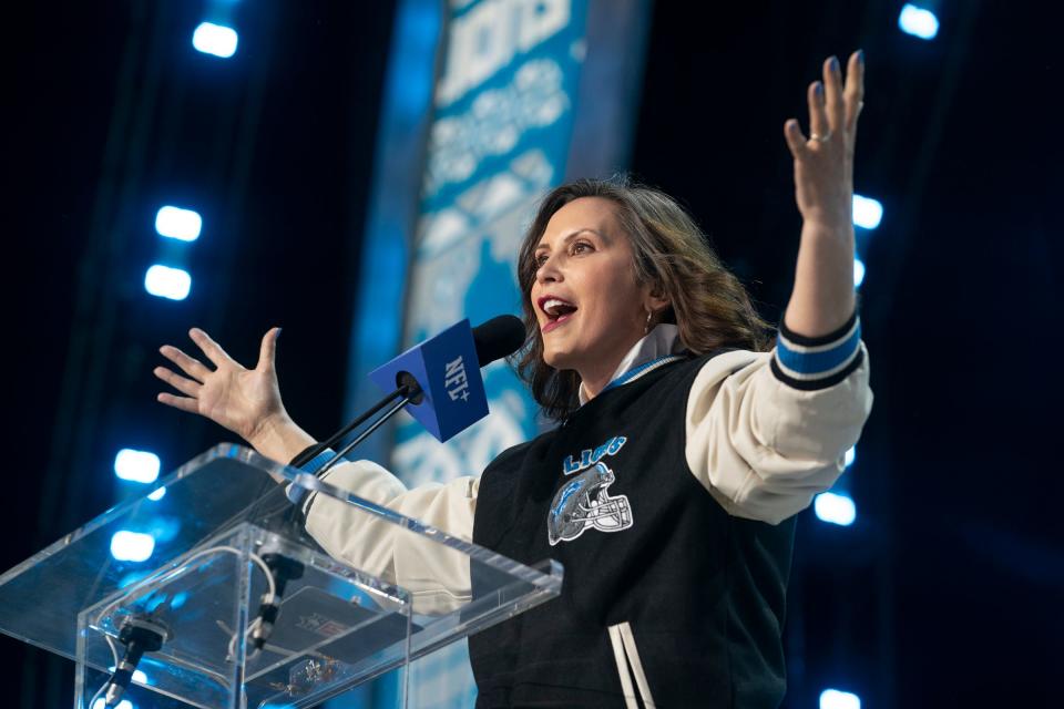 Michigan Gov. Gretchen Whitmer speaks to the crowd at the NFL draft main theater, including revealing that Detroit has set the all-time draft attendance record — "700,000 and counting" — on Saturday, April 27, 2024, the third day of the NFL Draft in Detroit.