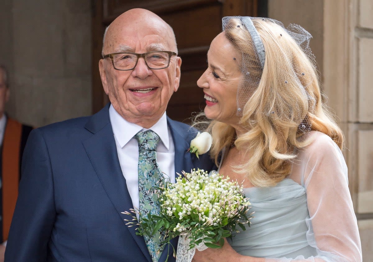 Rupert Murdoch and Jerry Hall at St Bride’s Church in London after their wedding ceremony in 2016 (PA)