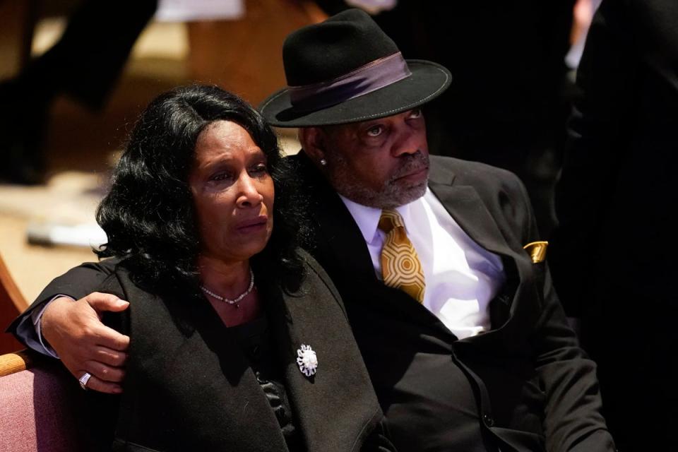 RowVaughn Wells cries as she and her husband Rodney Wells attend the funeral service for her son Tyre Nichols at Mississippi Boulevard Christian Church in Memphis, Tenn., on Wednesday, Feb. 1, 2023. (USA TODAY NETWORK)