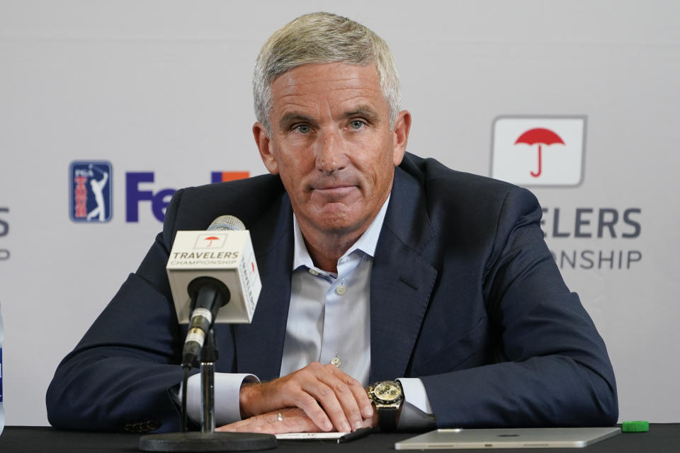 FILE - PGA Tour Commissioner Jay Monahan speaks during a news conference before the start of the Travelers Championship golf tournament at TPC River Highlands, Wednesday, June 22, 2022, in Cromwell, Conn. The PGA Tour on Wednesday, April 12, 2023, announced a fall schedule that will have seven tournaments for players to either retain full status, earn a spot in the Masters or become eligible for some of the $20 million events the following season.(AP Photo/Seth Wenig, File)