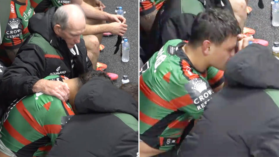 Latrell Mitchell was visibly upset in the sheds after the Rabbitohs' win. 