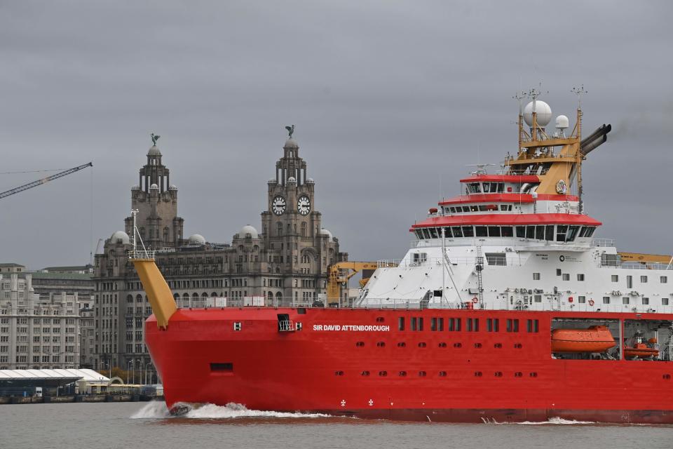 Polar research ship, the RRS Sir David Attenborough, sails on the River Mersey (AFP via Getty Images)