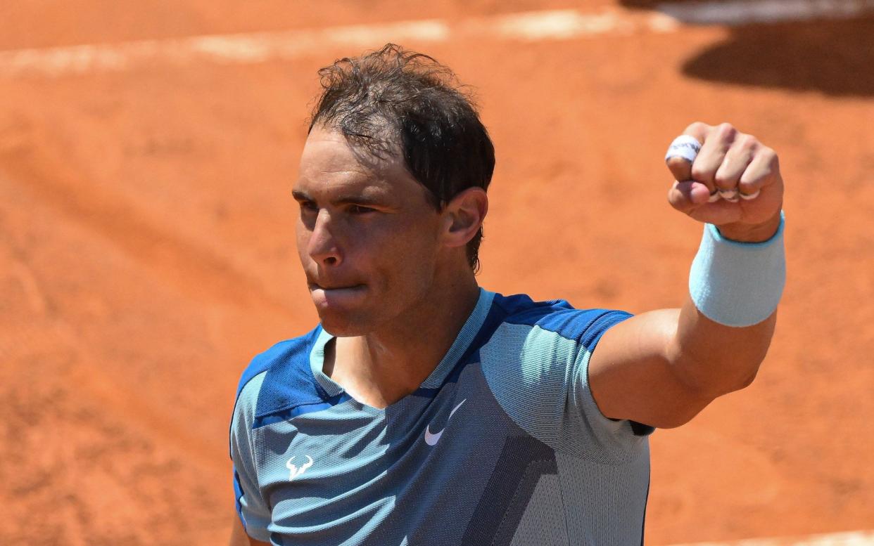 Rafael Nadal of Spain plays celebrates the victory to John Isner of USA in their 2nd Round Singles match on day three of the Internazionali BNL D'Italia at Foro Italico on May 11, 2022 in Rome, Italy. - GETTY IMAGES