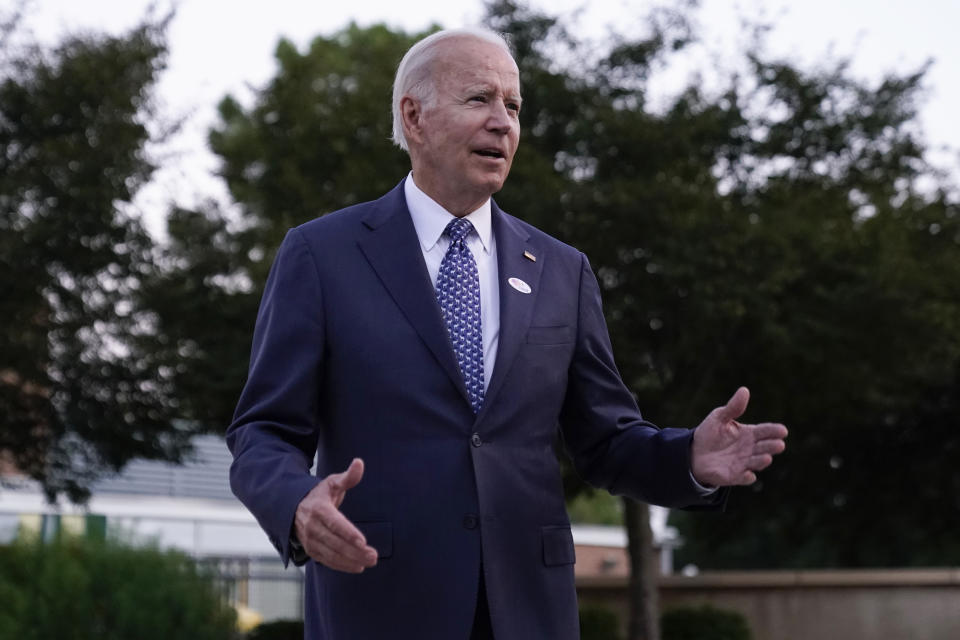 President Joe Biden speaks to reporters after voting in the Delaware primary election at Tatnall School in Wilmington, Del., Tuesday, Sept. 13, 2022. (AP Photo/Andrew Harnik)