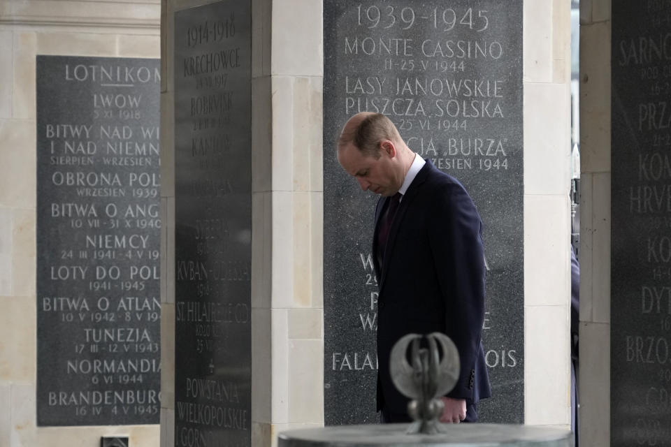 Britain's Prince William arrives to lay a wreath of flowers at the Tomb of the Unknown Soldier in Warsaw, Poland, Thursday, March 23, 2023. (AP Photo/Czarek Sokolowski)