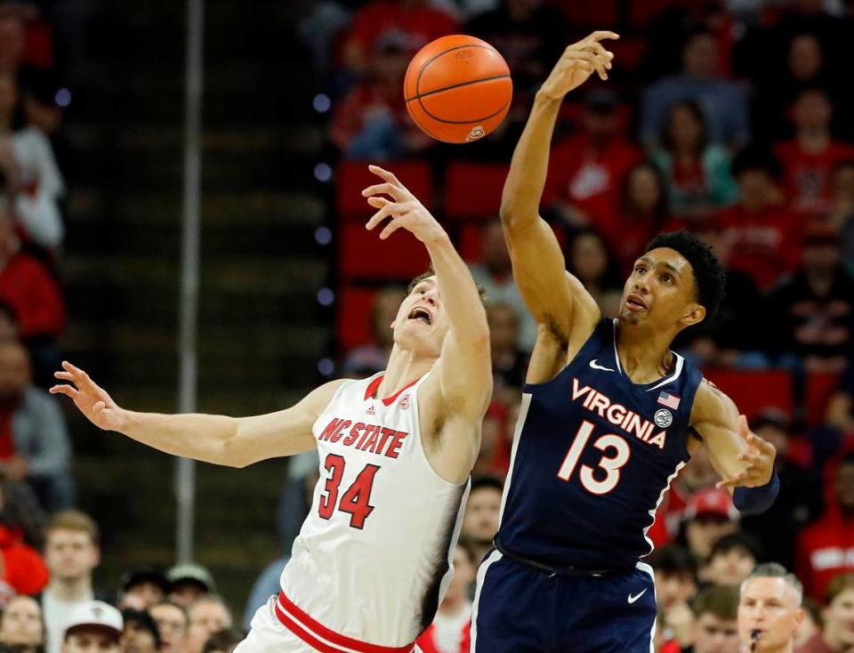 N.C. State’s Ben Middlebrooks and Virginia’s Ryan Dunn reach for a loose ball during the first half of the Wolfpack’s game on Saturday, Jan. 6, 2024, at PNC Arena in Raleigh, N.C.