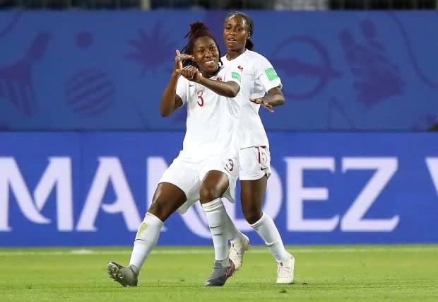 Kadeisha Buchanan (3), pictured celebrating after scoring a goal during the 2019 Women's World Cup in France, is the reigning Canadian player of the year, is one of the best centre backs in the women's game.  (Rui Vieira/Associated Press - image credit)