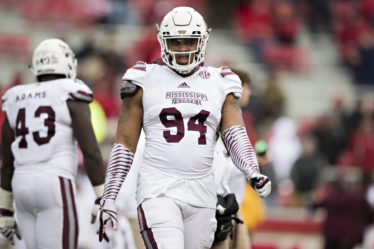 FAYETTEVILLE, AR - NOVEMBER 18:  Jeffery Simmons #94 of the Mississippi State Bulldogs walks off the field during a game againstf the Arkansas Razorbacks at Razorback Stadium on November 18, 2017 in Fayetteville, Arkansas.  The Bulldogs defeated the Razorbacks 28-21.  (Photo by Wesley Hitt/Getty Images)