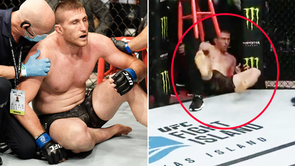 Andreas Michailidis, pictured here falling out of the cage at UFC Fight Night.