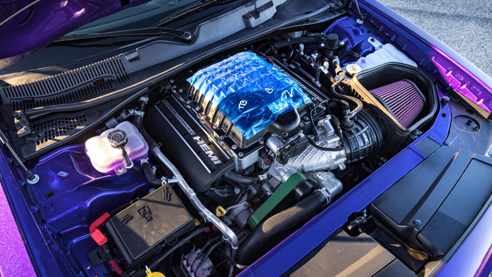 The all-new blueprinted motor inside an example of Hennessey’s Demon 1700 Twin-Turbo modification, which gives the  Dodge Challenger SRT Demon 170 a total of 1,700 hp. 
