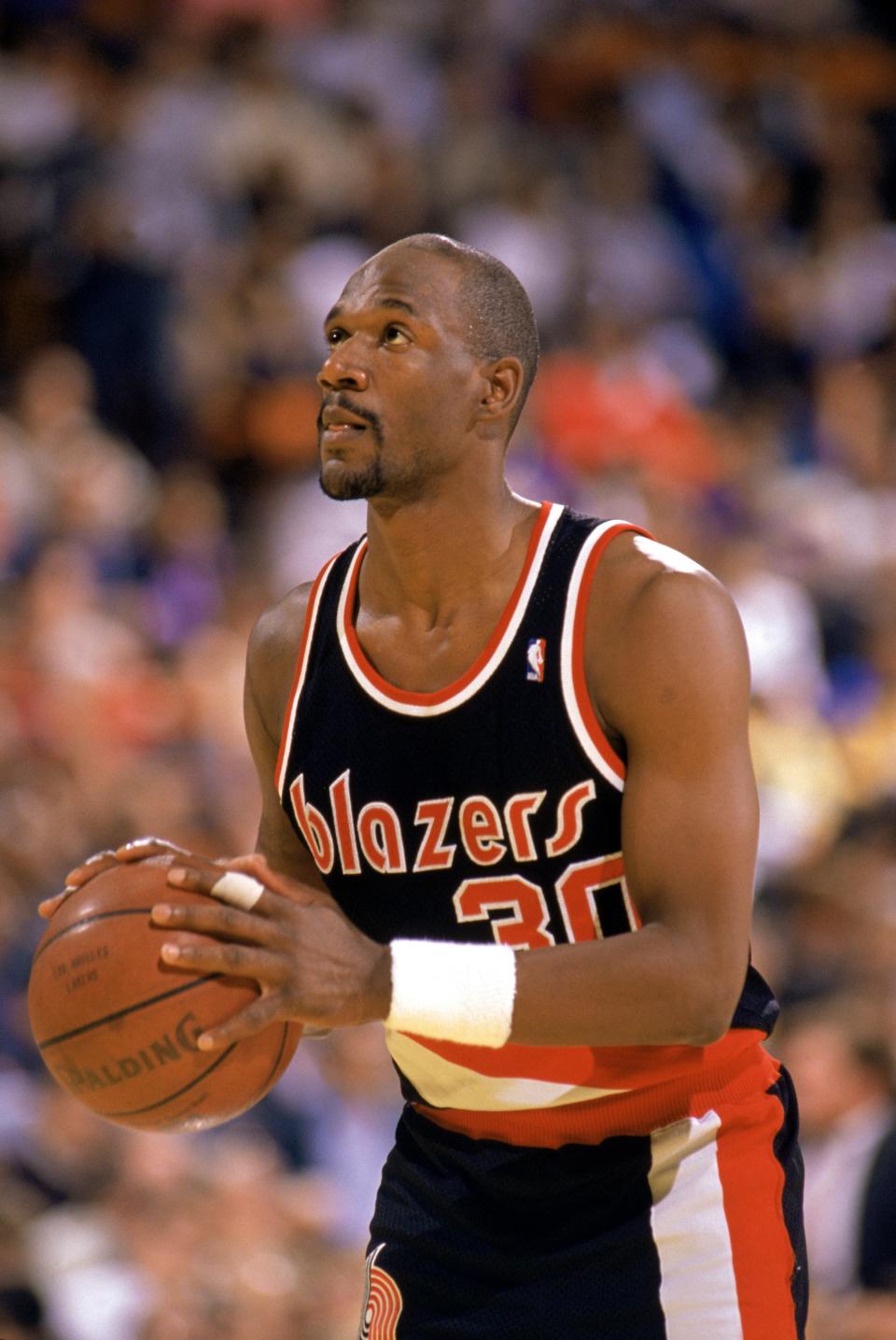 Terry Porter of the Portland Trail Blazers shoots a free throw during the 1989-1990 NBA season.