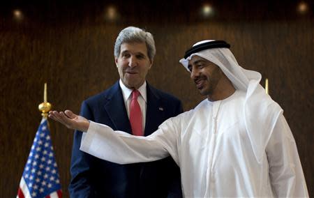U.S. Secretary of State John Kerry (L) meets UAE Foreign Minister Abdullah bin Zayed Al Nahyan at the foreign ministry in Abu Dhabi, November 11, 2013. REUTERS/Jason Reed