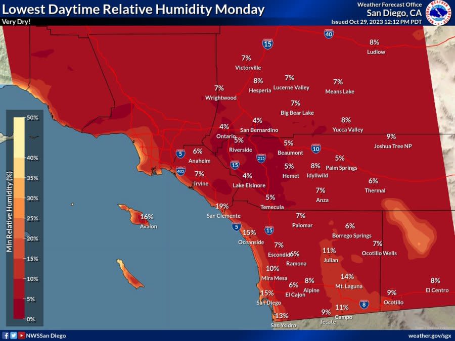 Map showing humidity expected on Monday, Oct. 30, 2023. (Courtesy of National Weather Service)