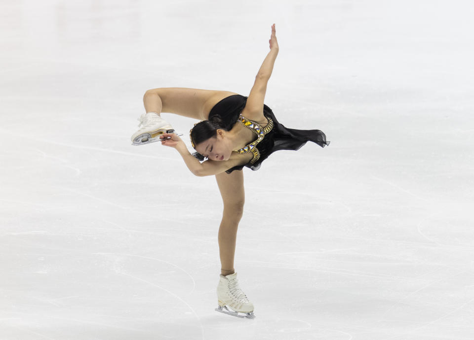 Young You of South Korea performs during a short program of an ISU Grand Prix of Figure Skating competition in Kadoma near Osaka, Japan, Friday, Nov. 27, 2020. (AP Photo/Hiro Komae)