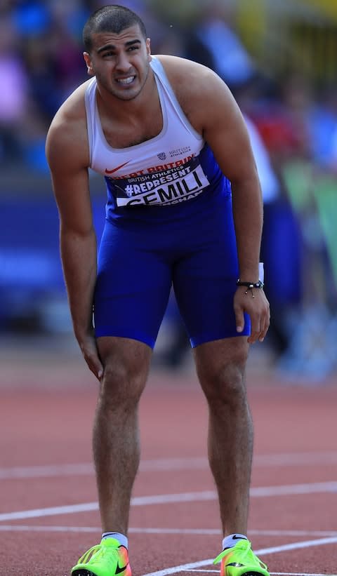 Adam Gemili appears to cross the line with an injury in the men's 200m final during the British Athletics World Championships Team Trials at Birmingham Alexander Stadium on July 2, 2017 in Birmingham, England - Credit: Getty Images