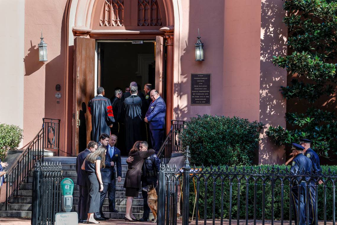 Family Members of Joe E. Taylor are greeted outside First Presbyterian Church in downtown Columbia for the funeral of Joe E. Taylor on Thursday, Jan. 5, 2023.