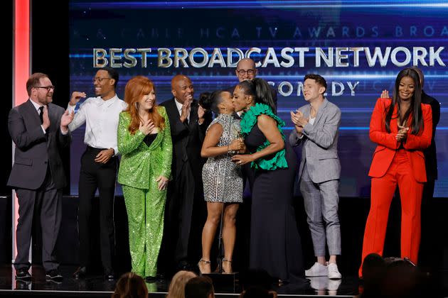 From left: Patrick Schumacker, Tyler James Williams, Lisa Ann Walter, William Stanford Davis, Quinta Brunson, Justin Halpern, Sheryl Lee Ralph, Perfetti, Randall Einhorn and Janelle James accept the award for Best Broadcast Network Series, Comedy onstage during the 2nd Annual Hollywood Critics Association TV Awards in August. (Photo: Kevin Winter via Getty Images)