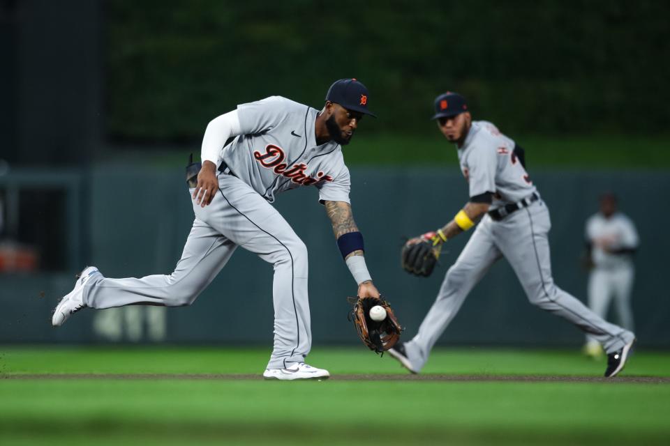 Niko Goodrum of the Detroit Tigers fields a ball hit by Mitch Garver of the Minnesota Twins in the first inning at Target Field on September 30, 2021 in Minneapolis.