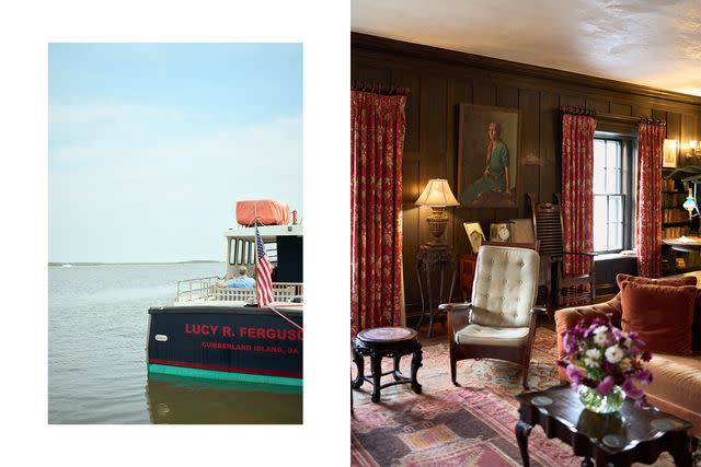 <p>Lindsey Harris Shorter</p> From left: The ferry to Cumberland Island; the lounge at Greyfield Inn.