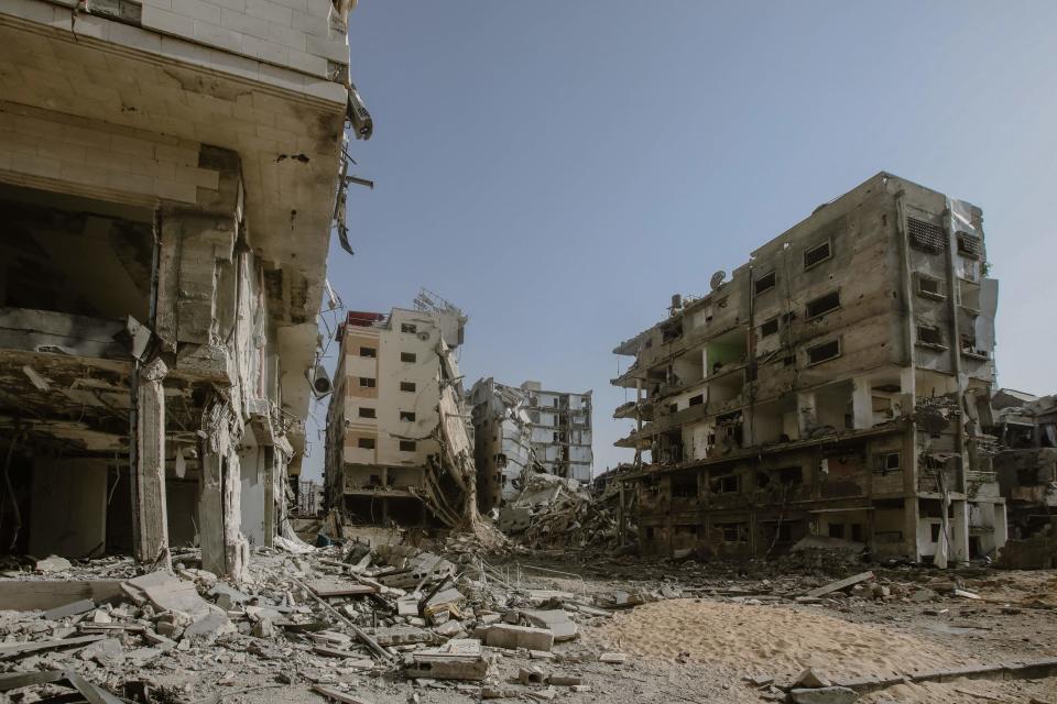 A view of the buildings in Gaza that have been reduced to rubble due to the Israeli airstrike on Oct. 23, 2023.