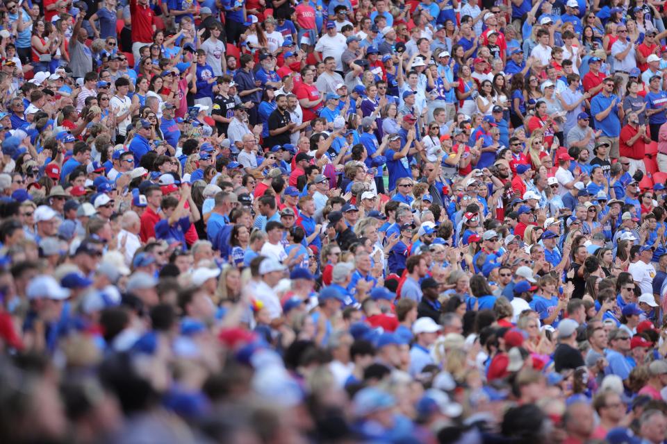 Kansas football fans fill the seats during a Sept. 28, 2024 game in Kansas City, Missouri.