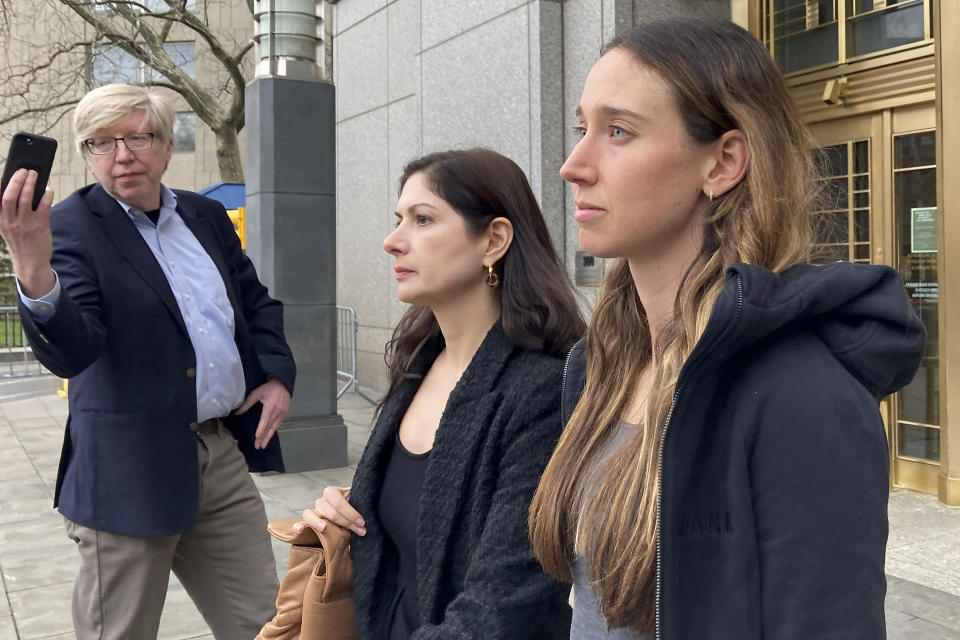 Charlie Javice, of Miami Beach, Fla., right, leaves Manhattan federal court with her attorney Marren Shah, Tuesday, April 4, 2023, in New York. On Monday, May 22, 2023, Javice pleaded not guilty to an indictment returned late last week in Manhattan federal court. Javice entered the plea through her lawyer during a remote proceeding on charges that she duped J.P. Morgan Chase with fake records to acquire Frank, her student loan assistance startup company, for $175-million. Prosecutors say she claimed her company had over 4 million customers when it had fewer than 300,000 clients. (AP Photo/Lawrence Neumeister)