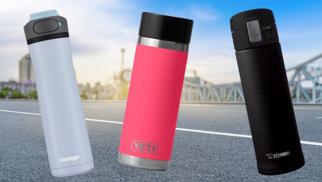 A Contigo Cortland Chill stainless steel water bottle, Yeti Rambler with a hot shot cap and a Zojirushi stainless steel mug.