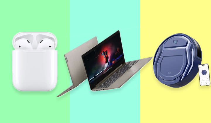 apple airpods, laptop, robot vacuum