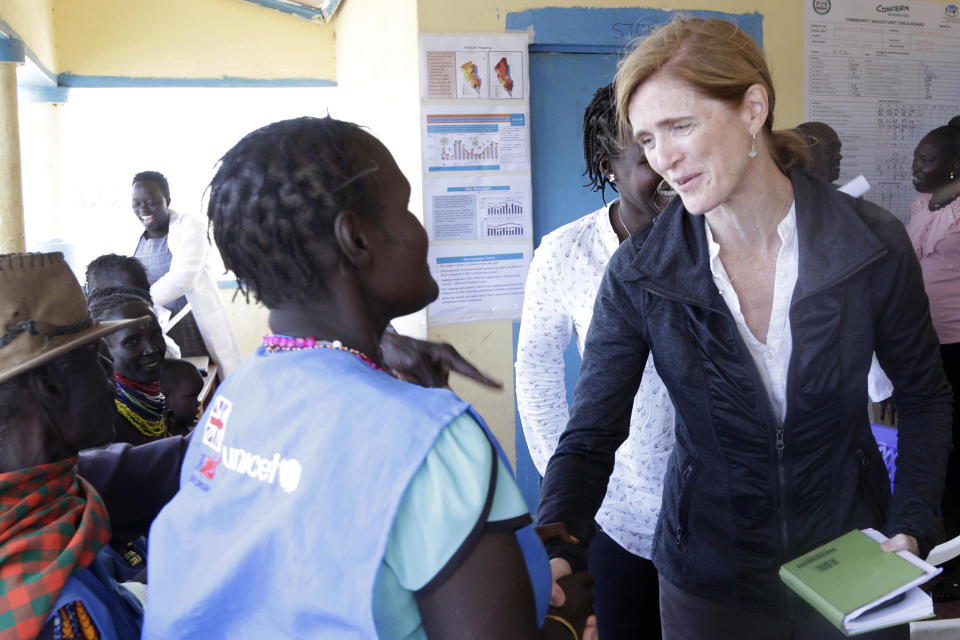 FILE - Samantha Power, Administrator of the United States Agency for International Development (USAID), right, visits a clinic in Kachoda, Turkana area, northern Kenya, July 23, 2022. Russian, French and American leaders are crisscrossing Africa Wednesday, July 27, 2022, to win support for their positions on the war in Ukraine, an intense competition for influence the continent has not seen since the Cold War. (AP Photo/Desmond Tiro, File)