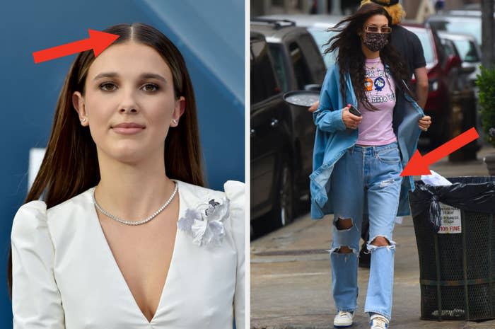 Millie Bobby Brown with a middle part and Bella Hadid wearing loose jeans
