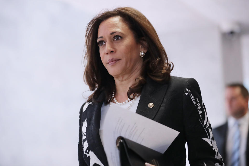 Sen. Kamala Harris (D-CA) heads to a closed-door meeing of the Senate Intelligence Committee in the Hart Senate Office Building on Capitol Hill in 2017 in Washington, DC. (Chip Somodevilla/Getty Images)