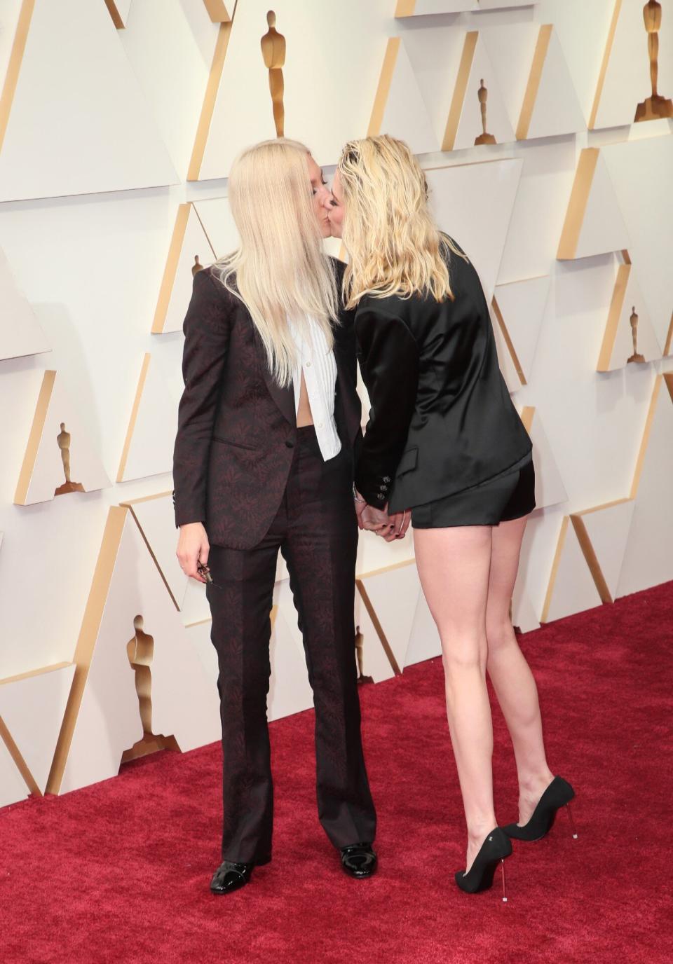 Kristen Stewart Chanel Short Suit and Dylan Meyer Maroon Paisley Suit 2022 Oscars Kiss