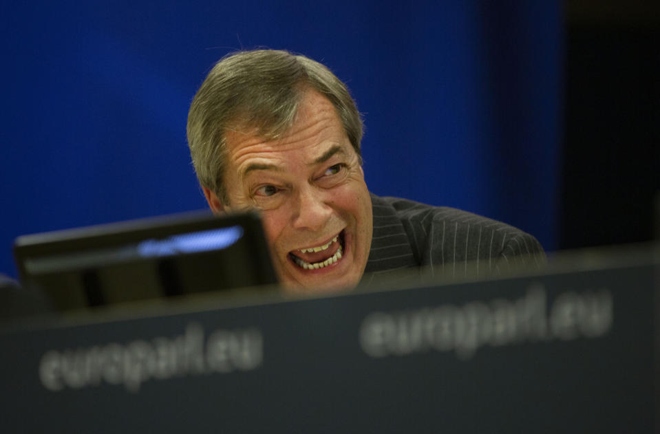 Brexit Party leader Nigel Farage speaks during a media conference at the European Parliament in Brussels, Wednesday, Jan. 29, 2020. The U.K. is due to leave the EU on Friday, Jan. 31, 2020, the first nation in the bloc to do so. It then enters an 11-month transition period in which Britain will continue to follow the bloc's rules while the two sides work out new deals on trade, security and other areas. (AP Photo/Virginia Mayo)