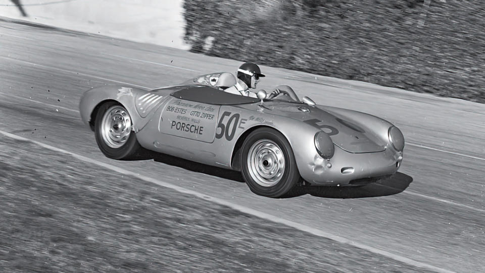 Ken Miles racing in Pomona, Calif., in his Porsche 550 RS Spyder.