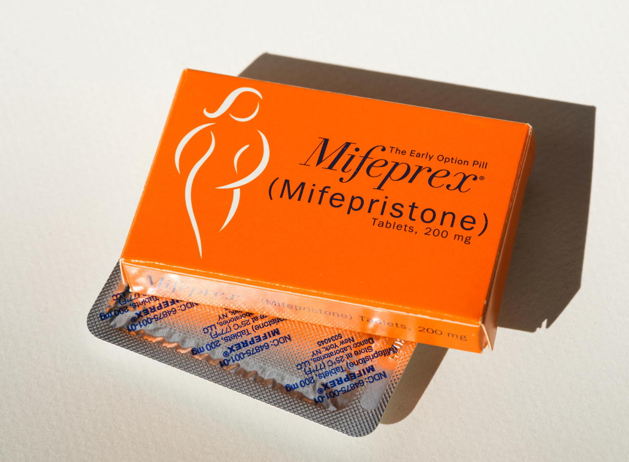 A pack of Mifeprex pills, used to terminate early pregnancies, is displayed in this picture illustration.