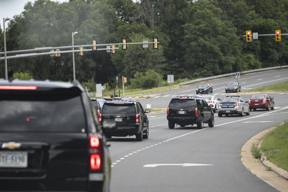 The motorcade for President Donald Trump travels en route to Trump National Golf Club, Sunday, June 28, 2020, in Sterling, Va. (AP Photo/Alex Brandon)