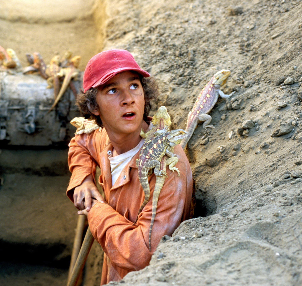 Shia LaBeouf as Stanley wearing a cap and standing behind a large rock with lizards crawling on him