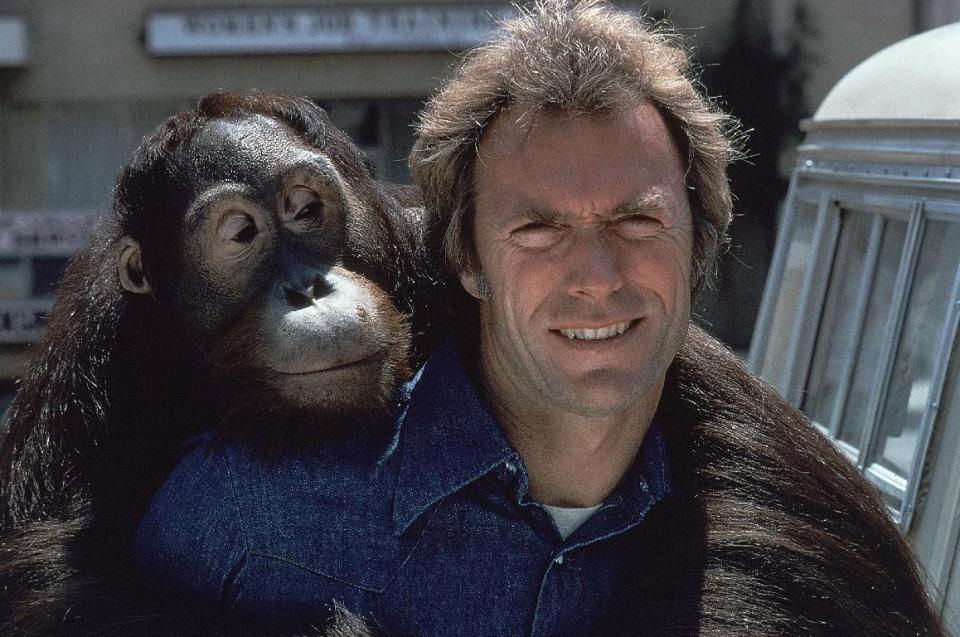 FILE - In this 1978 file photo, Clint Eastwood and an orangutan named Clyde are shown on the set of the film "Every Which Way But Loose." (AP Photo/file)