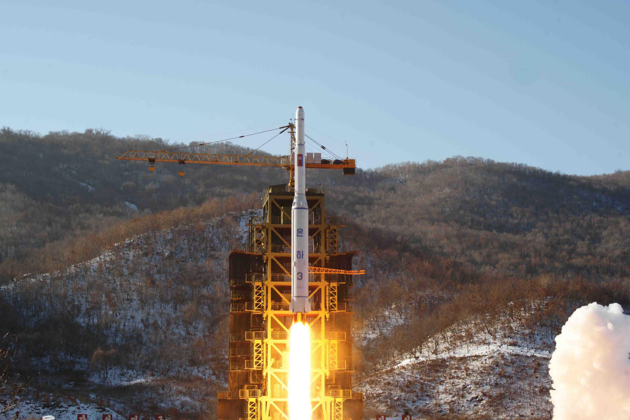 FILE - In this photo released by Korean Central News Agency, North Korea's Unha-3 rocket lifts off from the Sohae launch pad in Tongchang-ri, North Korea on Dec. 12, 2012. It's been 10 years since Kim Jong Un took power in North Korea after his father suddenly died of a heart attack. It's been 10 years since Kim Jong Un took power in North Korea after his father suddenly died of a heart attack. The content of this image is as provided and cannot be independently verified. (Korean Central News Agency/Korea News Service via AP, File)