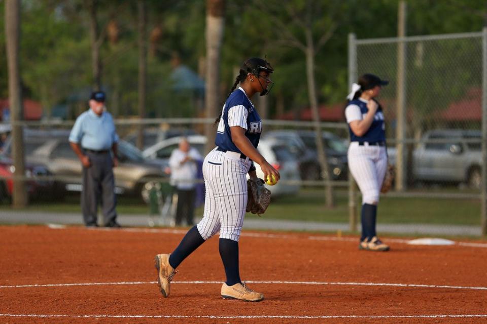 Spanish River's Giselle Portanova pitching against Park Vista on March 13, 2024 in Lake Worth Beach.