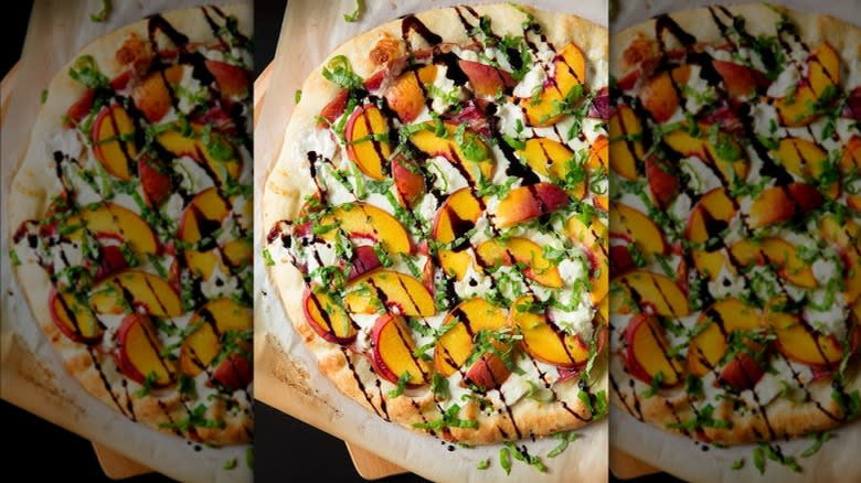 Peaches on pizza with herbs