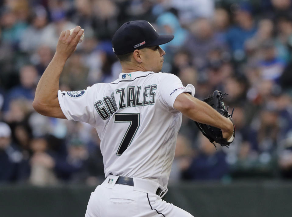 Seattle Mariners starting pitcher Marco Gonzales throws to a Boston Red Sox batter during the sixth inning of a baseball game Thursday, March 28, 2019, in Seattle. (AP Photo/Ted S. Warren)