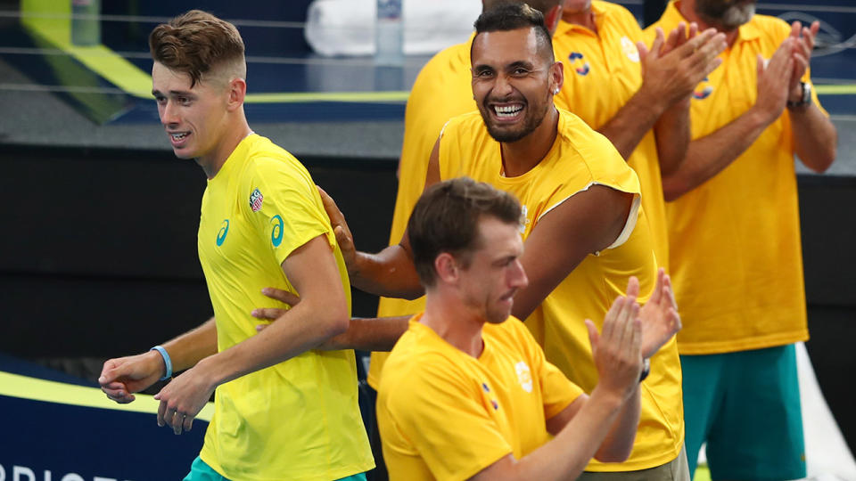 Nick Kyrgios, John Millman and Alex de Minaur, pictured here in action for Australia at the ATP Cup.