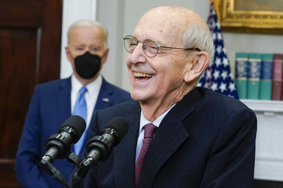 President Joe Biden listens as Supreme Court Associate Justice Stephen Breyer announces his retirement in the Roosevelt Room of the White House in Washington, Thursday, Jan. 27, 2022. (AP Photo/Andrew Harnik)