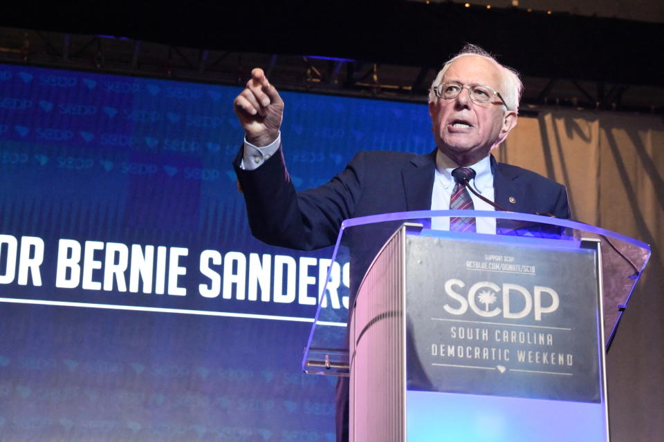 Vermont Sen. Bernie Sanders addresses the crowd during the South Carolina Democratic Convention on Saturday, June 22, 2019, in , S.C. (AP Photo/Meg Kinnard)