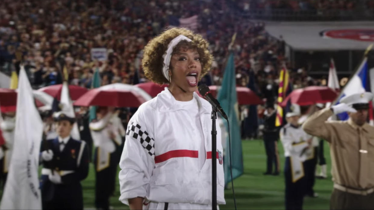  Naomi Ackie sings the Star Spangled Banner on the football field in I Wanna Dance With Somebody. 