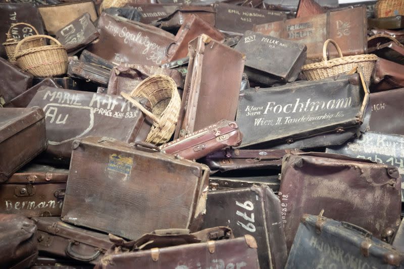 Suitcases of prisoners are seen in the former Nazi German Auschwitz concentration camp complex in Oswiecim