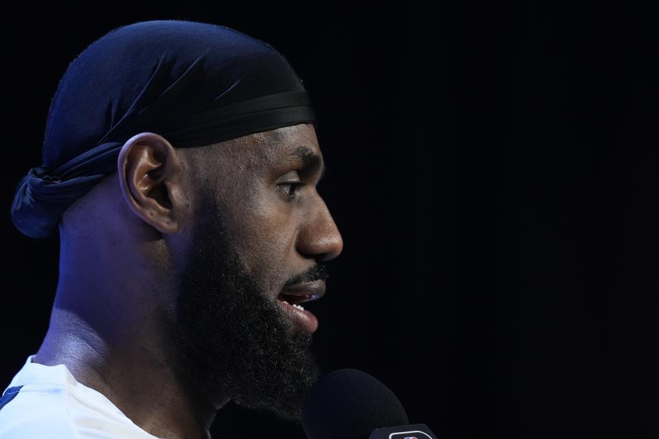 Los Angeles Lakers' LeBron James speaks during a news conference before the NBA basketball All-Star game, Sunday, Feb. 18, 2024, in Indianapolis. (AP Photo/Darron Cummings)